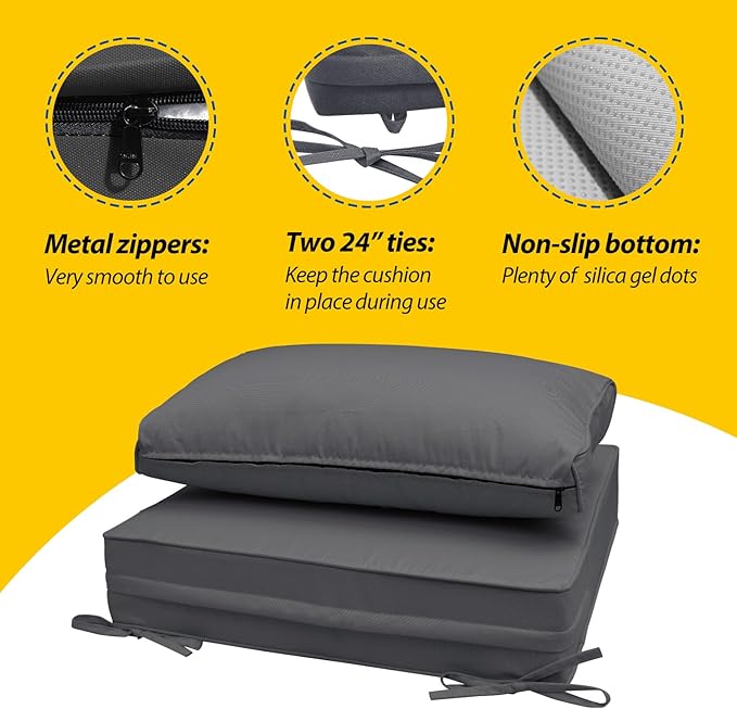 AAAAAcessories Outdoor Seat Cushions for Chairs, Fade-Resistant, Waterproof Patio Furniture Replacement Cushions, 23" x 23" x 5" + 23" x 13.5", Set of 4, Dark Gray