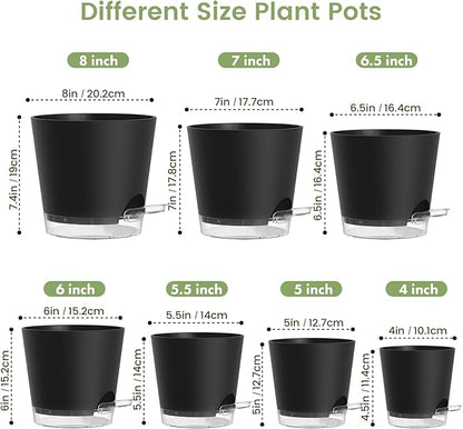 Self Watering Pots Set of 7 – Assorted Size 4" to 8" Indoor Plant Pots with Drainage Holes and Clear Reservoir for Visible Water Level, Plastic Wicking Planter for House Plants & Flower, Black