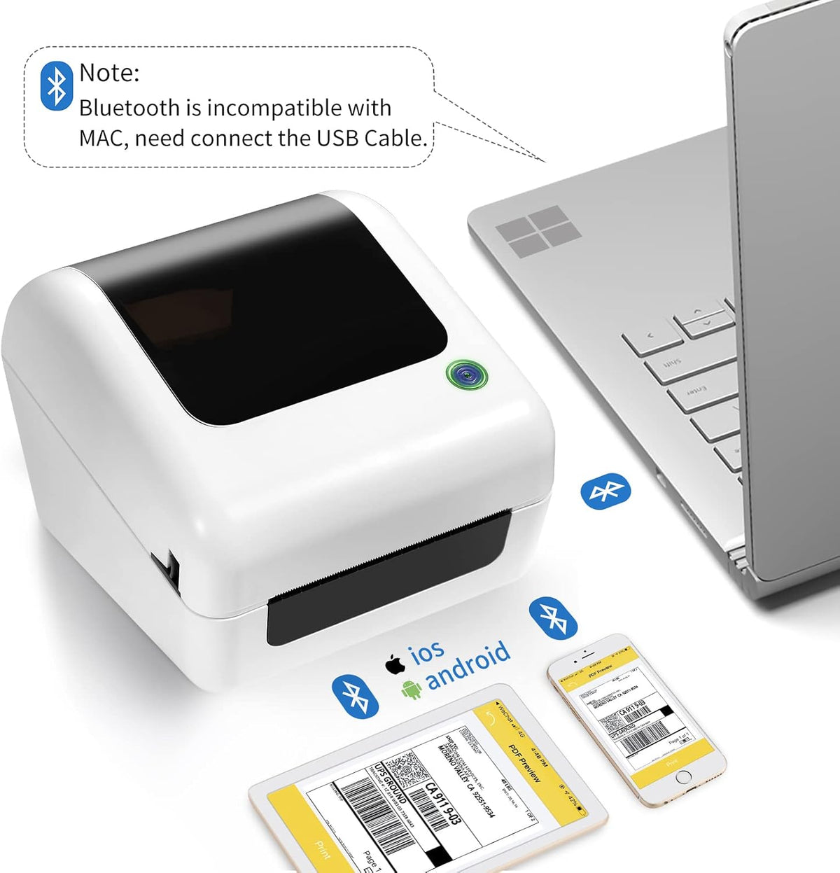 Bluetooth Thermal Shipping Label Printer - Wireless 4x6 Label Maker for packages, Compatible with iPhone and PC, Phone, USB for MAC, Works with Ebay, Amazon, Shopify, Etsy, UPS, USPS Barcode, Upgrade