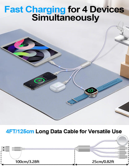 4-in-2 Charging Cable for Apple Watch Charger/Samsung/iPhone Charger,Car/Office/Camping/Travel Essentials,Type C Cable Multi Cord for iWatch Ultra/10-2/iPhone 16-11/Samsung S25-S20,iPad,airPods-Purple