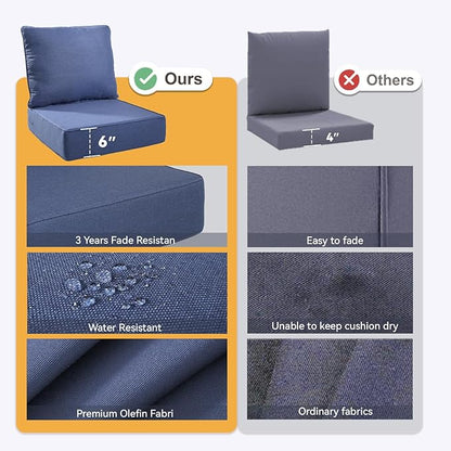 Outdoor Cushion Set for Furniture Patio Furniture, UV Resistant, Water Resistant - 6 Inch Thick Foam Garden Cushions– 24x24 Inch Patio Seat Covers for Chair/Sofa/Couch | Blue | 11-Pack |