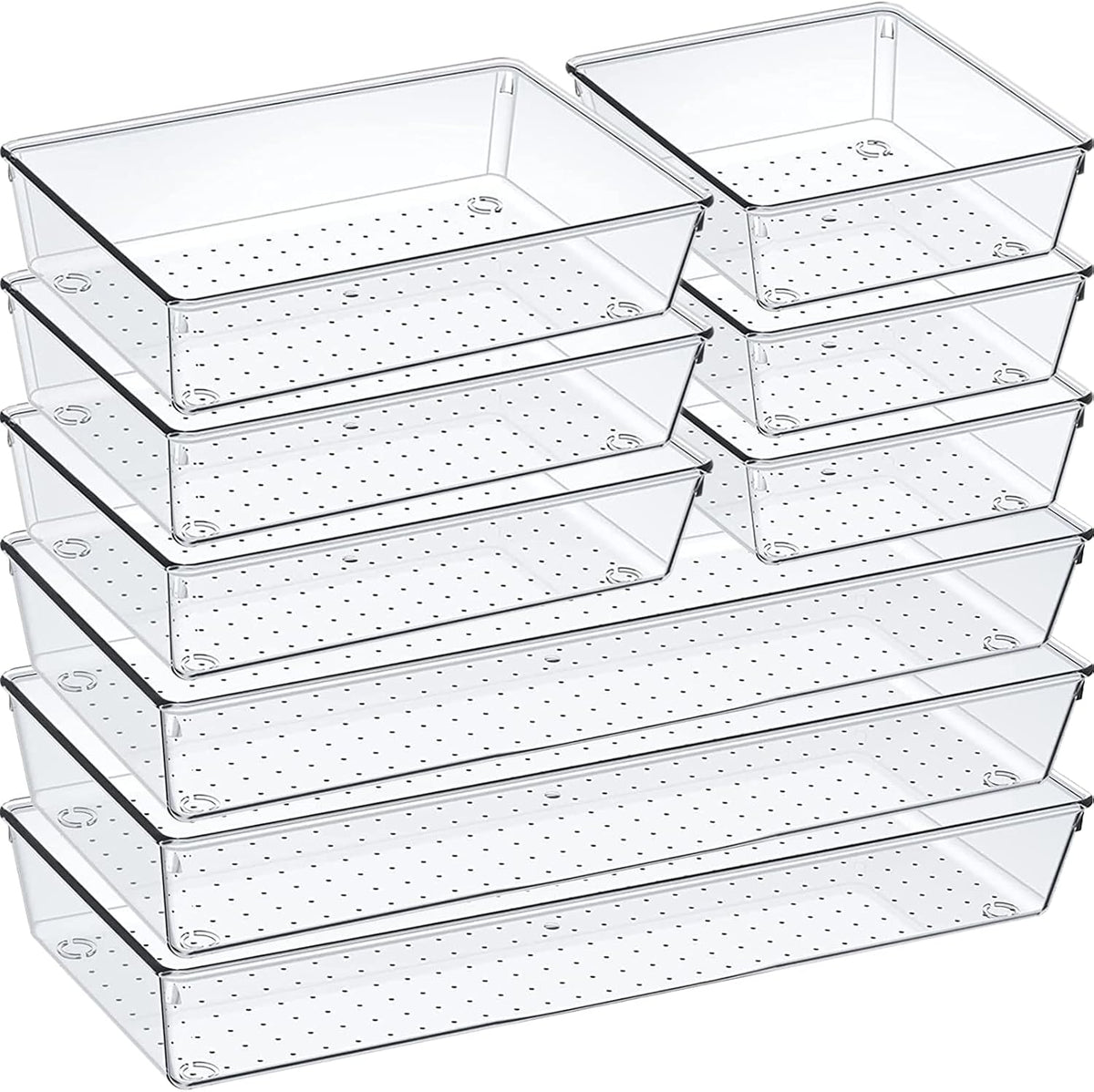 9 Pack Clear Plastic Drawer Organizer Set, Acrylic Non Slip Non Cracking Kitchen Drawer Storage Tray Large Size Divider, Multifunctional Storage for Cosmetics, Bathroom, Tools, Kitchen and Office
