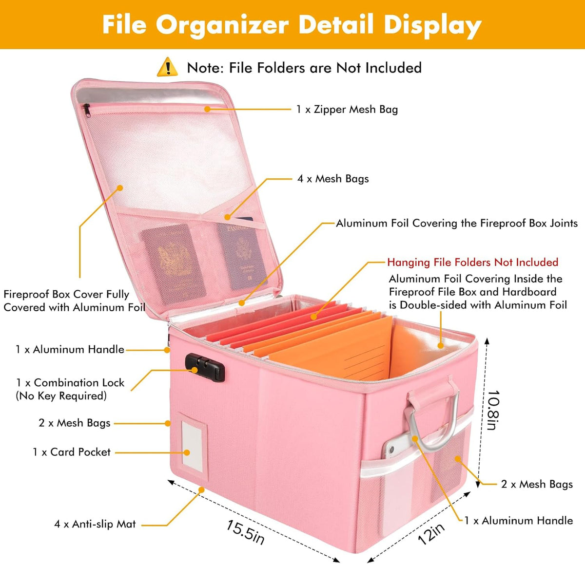 TOMKID 5200°F Fireproof Document Box, Fire Important Document Organizer with Lock, Upgraded Heat Insulated Filing Storage Cabinet Office Organization (5200°F Fireproof Box, Pink)