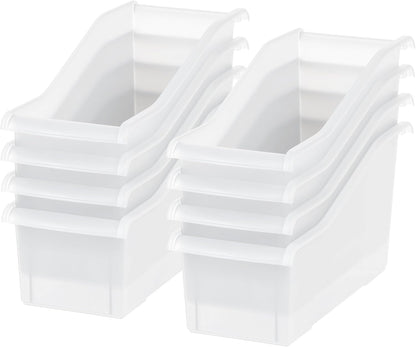 IRIS USA Plastic Book Bin Magazine Holder, 8-Pack, Vertical Standing Connecting Container Box for Office Dorm Study Homework Binder Notebook File Craft Stationery Supplies Organizer Caddy, Clear