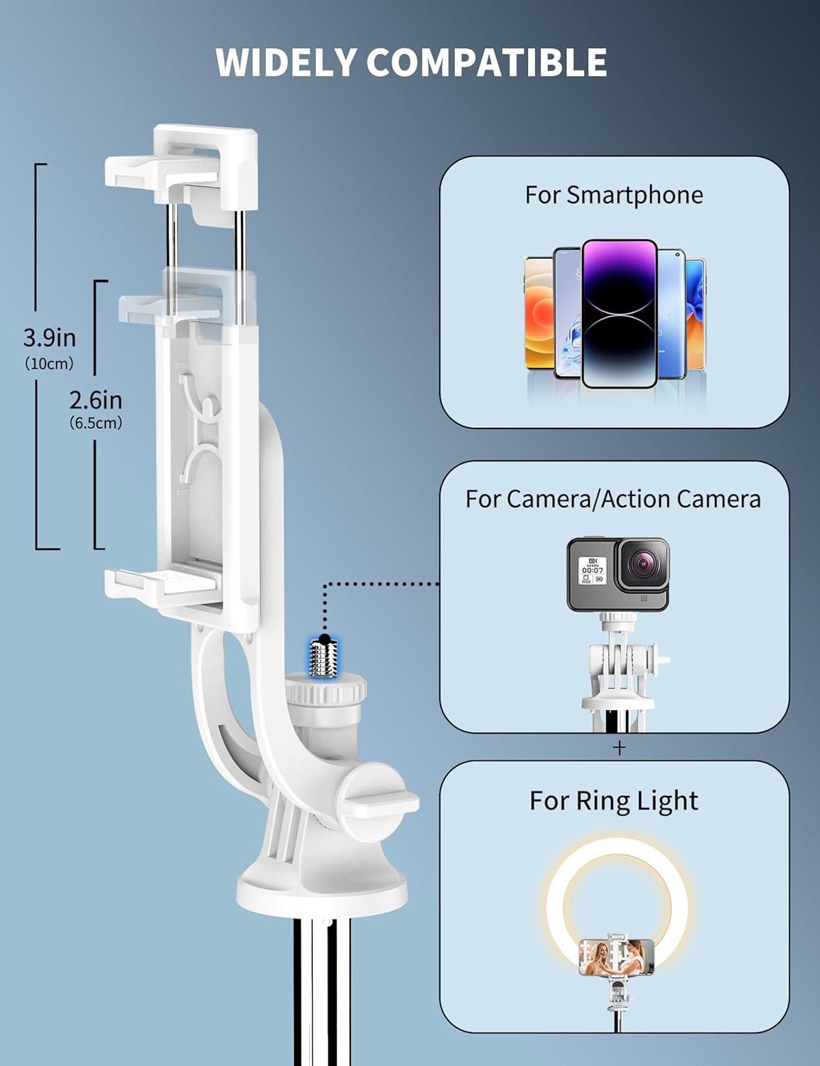SelfieShow 71" Cell Phone Selfie Stick & Tripod, Smartphone Stand with Remote, Extendable & Travel Compatible with iPhone 15/14/13 Pro Max Gopro Android DJI (White)