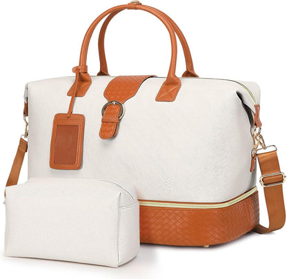 Leather Weekender Bags for Women, Travel Duffel Bag PU Overnight Bag Carry On Tote Bag with Shoe Compartment Wet Pocket
