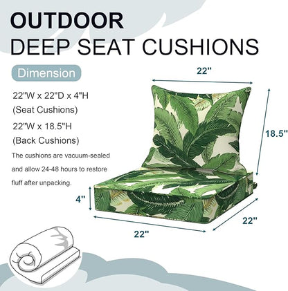 Outdoor Deep Seat Cushion Set, Water Repellent 22"x22" Patio Thick Cushions Replacement with Seat & Back Pillow for Patio Sofa, Wicker Chair, Couch - Swaying Palms Green