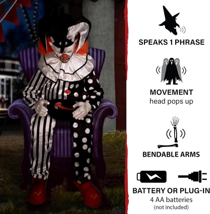 Haunted Hill Farm Hartley The Sitting Scare Clown by Tekky, Motion-Activated Talking Jump-Scare Halloween Animatronic for Halloween Party Prank Decoration, Plug-in or Battery Operated Halloween Props