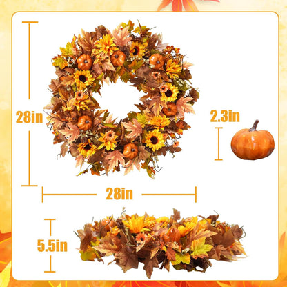 Uieke 28 Inch Fall Wreath for Front Door Outside Large Artificial Autumn Wreath with Orange Sunflowers Maple Leaves Pumpkins Fall Decoration for Home Farmhouse Door Wreath for Harvest Thanksgiving
