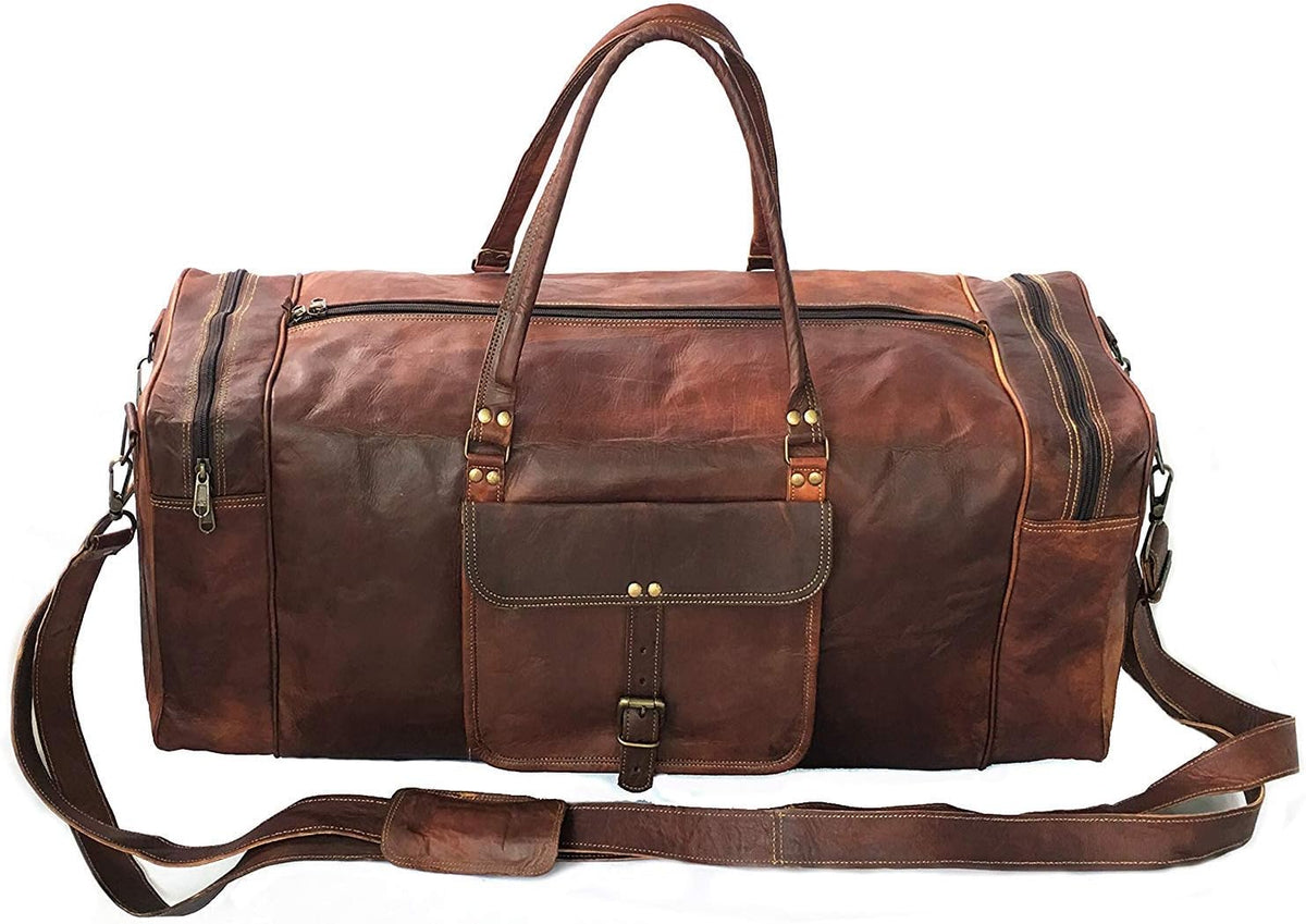 KK's Vintage Leather Duffel Bag, Handcrafted, Stylish & Durable, Ideal for Gym, Travel, Genuine Leather Travel Bag, Brass Rivets & Zippers Size 28"(L),12"(D), 11"(H) Inch