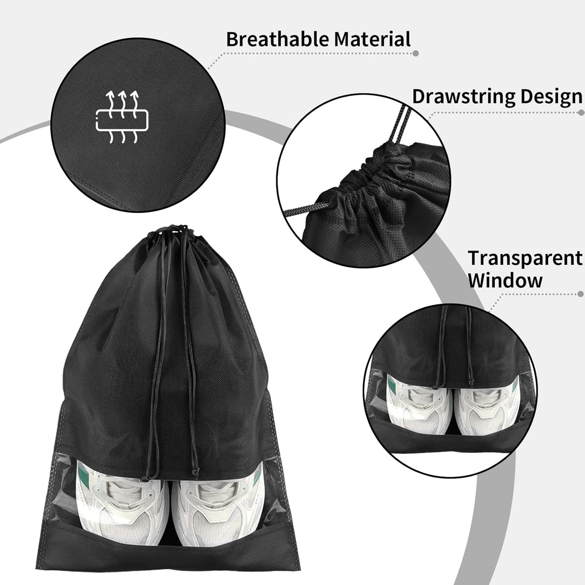 20 Pack Shoe Bags for Travel, Large Travel Shoe Bags for Packing with Clear Window, Dustproof Drawstring Travel Shoe Storage Bags Travel Essentials for Men & Women, Black (20, Black)
