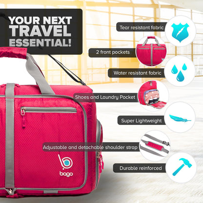 Bago Foldable Duffel Bags for Traveling Women & Men - 40L Sports Packable Duffle Bag for Travel with Shoe Compartment - Water Repellant, Heavy Duty, Lightweight Folding & Collapsible (Pink)