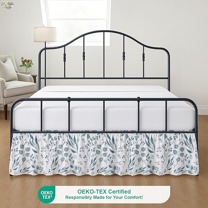 Cottington Lane Ruffled Bed Skirt Twin Size with Split Corner, Brushed Microfiber Hotel Quality Dust Ruffle, 15" Drop Gathered Bedskirt, Soft, Stylish, Shrink & Fade Resistant, Tranquil Green Petals
