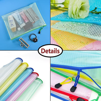 AUSTARK 10 Pcs Zipper File Bags, Waterproof Plastic Mesh Pouch for Office School, Board Game Storage Bags (B5 Size 11.4''x8.2'', Multicolored)