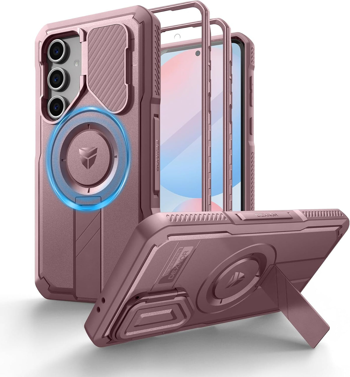 Dexnor for Samsung Galaxy S24 FE Case with Camera Cover & Adjustable Kickstand & Built-in Screen Protector, Magnetic Rugged Shockproof Bumper Cases Heavy-Duty Magnetic Protective Cover,Peony Pink
