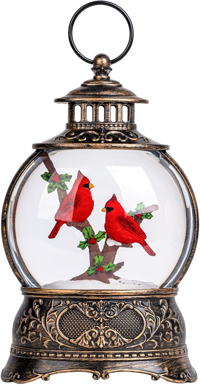 Cardinal Christmas Snow Globe Lantern Water Glittering Christmas Tree with Red Truck, USB Lined and Battery Operated Lighted Lantern for Christmas Festival Decoration Gifts