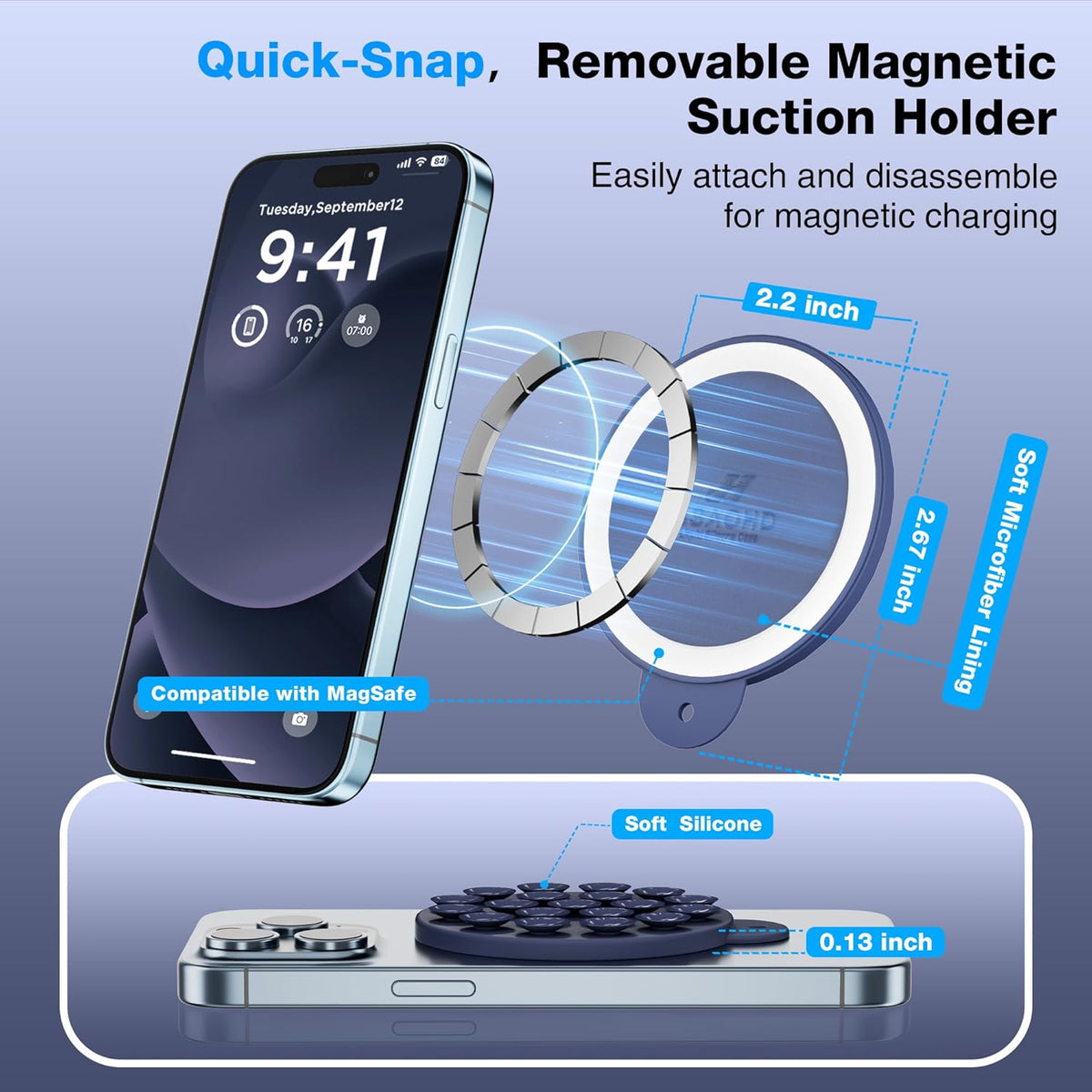 Magnetic Suction Cup Phone Mount for MagSafe Case, Silicone Hands-Free Grip Holder for iPhone and Android, Mirror Shower Phone Stand for Makeup FaceTime Gym Kitchen Bathroom, Midnight Blue