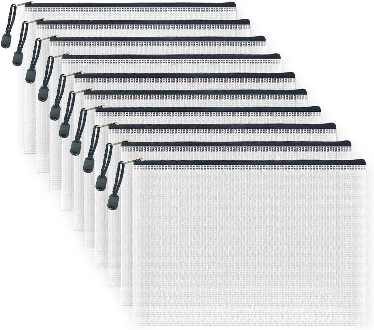 AUSTARK 10 Pcs Zipper File Bags, Waterproof Plastic Mesh Pouch for Office School, Board Game Storage Bags (B5 Size 11.4''x8.2'', White and Black)