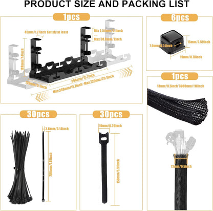 Under Desk Cable Management Tray Black Extendable 15.7"- 29.1" Metal Large Capacity Cable Management Kit No Drill Cable Management Box Cord Organizer for Desk Wire Management Cable Basket