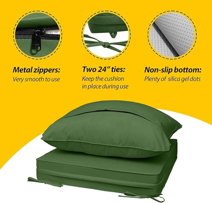 AAAAAcessories Outdoor Seat Cushions for Chairs, Fade-Resistant, Waterproof Patio Furniture Replacement Cushions, 21" x 19" x 3" + 21" x 19", Dark Moss Green