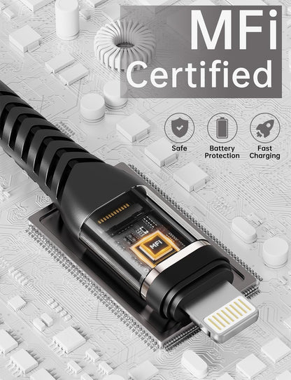 10 FT iPhone Charger Cable 3Pack [Apple MFi Certified] Long Durable Nylon Braided USB Lightning Fast Charging Cord Compatible with iPhone 14/13/12/11/X/XS/XR/SE/8/7/6/5/iPad Pro/Mini/Air(Black)