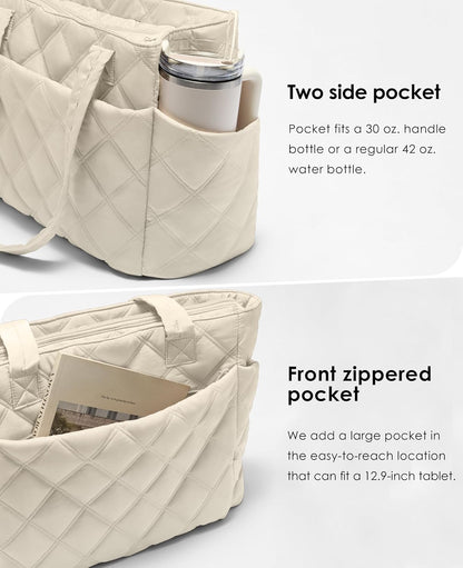 Tote Bag for Women, Lightweight Puffer Tote Work Bags with Compartments for Travel, Quilted Shoulder Bag with Zipper
