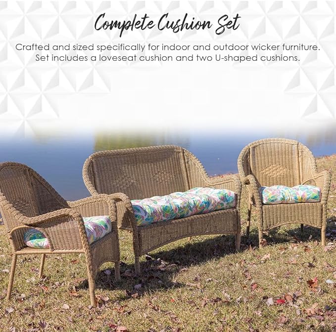 RSH DECOR: 3-Piece Wicker Tufted Cushion Set | for Large Wicker Sets | Outdoor Loveseat & U-Shaped Seat Cushions | Water & Fade-Resistant Spun Fabric | Telfair Peacock Blue - Made in USA