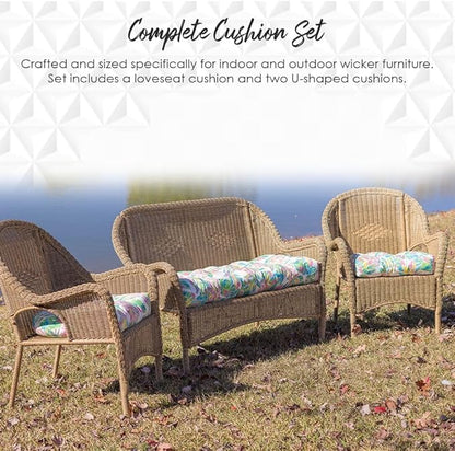 RSH DECOR: 3-Piece Wicker Tufted Cushion Set | for Large Wicker Sets | Outdoor Loveseat & U-Shaped Seat Cushions | Water & Fade-Resistant Spun Fabric | Beachcrest Caviar