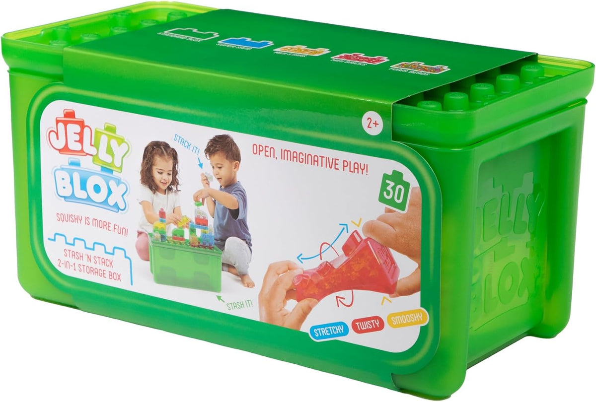 Jelly Blox Stash 'N Stack 2-in-1 Storage Case with 30 Blocks for Toddler Sensory Play Toy Ages 2+