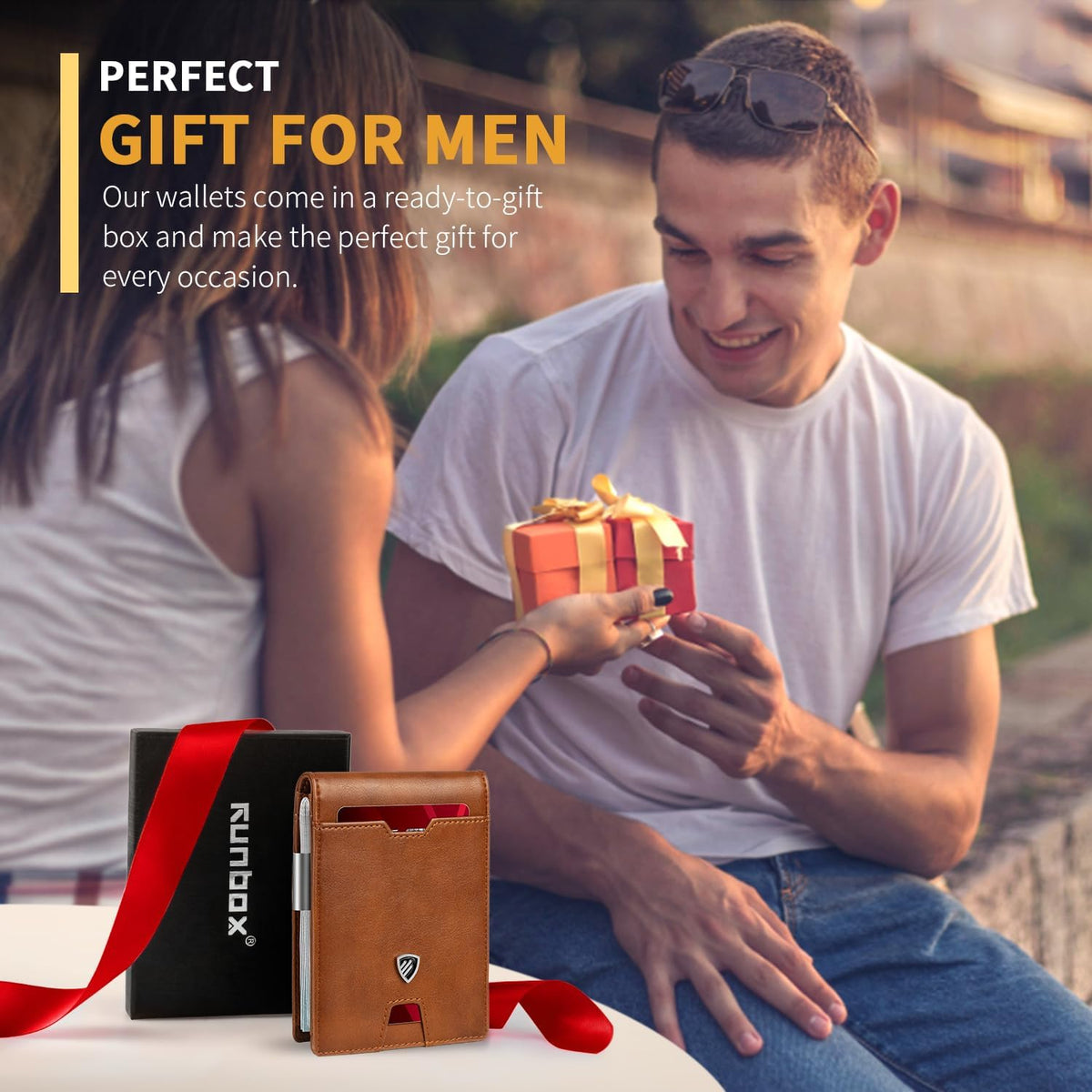 RUNBOX Mens Slim Wallet with Money Clip RFID Blocking Bifold Credit Card Holder for Men with Gift Box