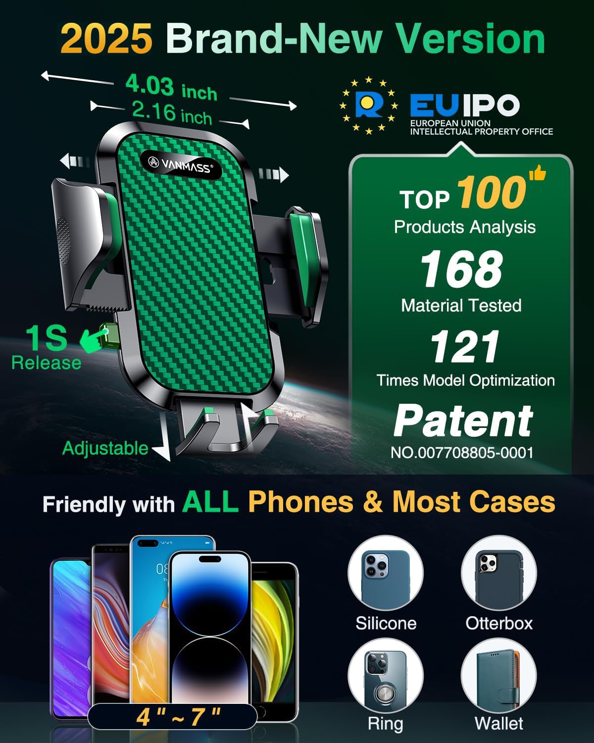 VANMASS Car Phone Holder Mount 2025 Upgraded [Patent Steel-Hook] Car Vent Phone Mount Clip Military-Grade Shockproof Cell Phone Car Mount Handsfree Truck Stand Vent Cradle for iPhone 16 Android,Green