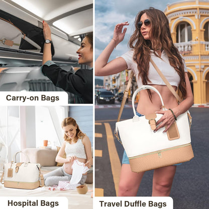 Leather Weekender Bags for Women, Travel Duffel Bag PU Overnight Bag Carry On Tote Bag with Shoe Compartment Wet Pocket