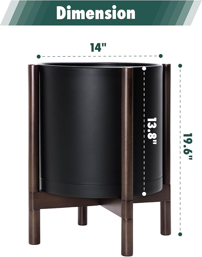 D'vine Dev Planter Pot with Stand - 14 Inch Plastic Cylinder Flower Pot with Wood Planter Holder for Indoor, Matte Black Pot + Walnut Color Stand, 55-C-R-2