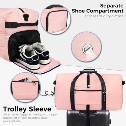 Fmeida 65L Duffle Bag with Shoes Compartment, Foldable Travel Duffel Bags for Men Women, Large Packable Travel Bag Water Repellent & Tear Resistant (Light Pink)