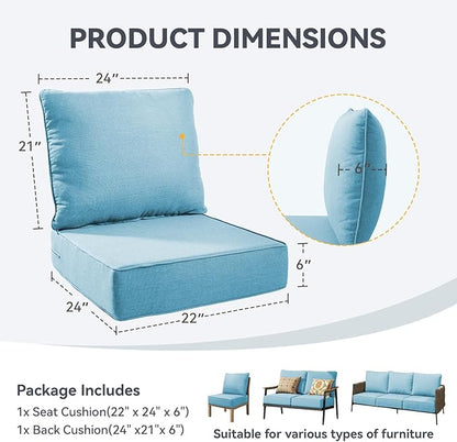 6" Thick Outdoor Chair Cushions - 22"* 24" Patio Furniture Cushions with Water Resistant & Removable Cover, 28D High Density Sponge Patio Cushion for Outdoor Furniture Couch Chair Light Blue