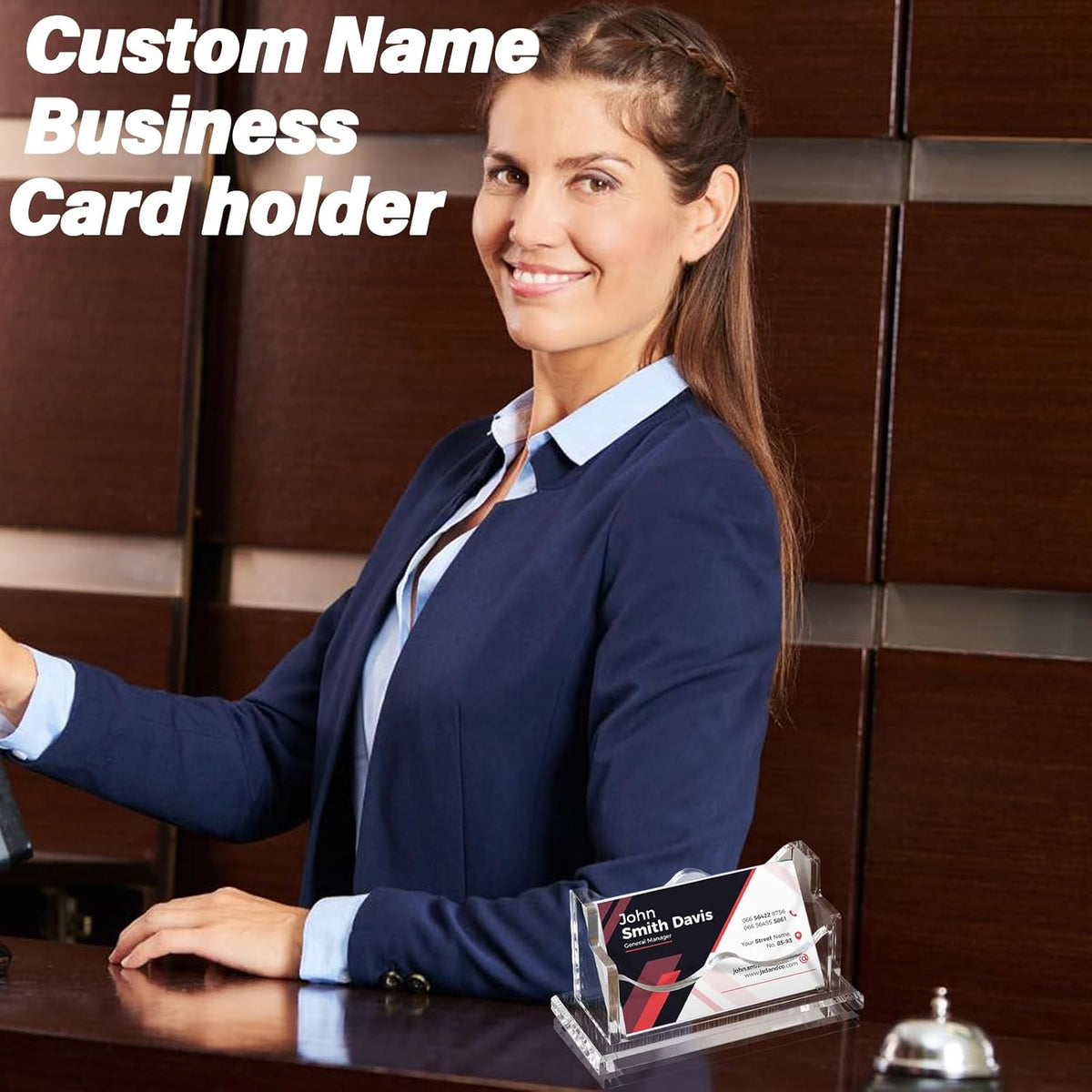Custom Business Card Holder Desk-Personalized Engraved Wooden Business Card Case Holder, Customized Name Logo Business Card Display Gifts for Men Women (Acrylic-Horizontal)