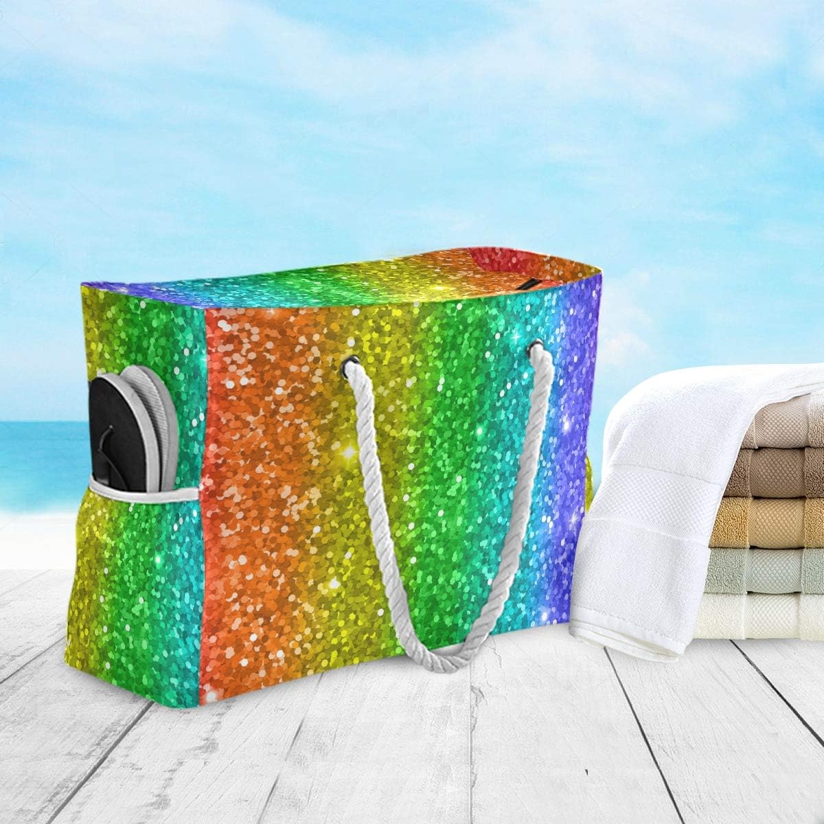 ALAZA Beach Bag, Rainbow Glitter Shoulder Beach Tote with Cotton Rope Handles