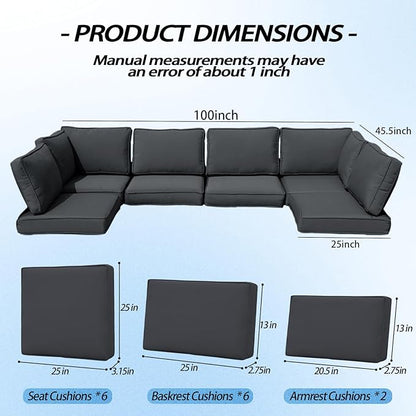 Patio Furniture Cushions,14Pieces Water-Resistant Outdoor Replacement Cushions,Sectional Sofa Cushions for Fits 6-Seats Rattan Wicker Patio Conversation Sets(Dark Grey)