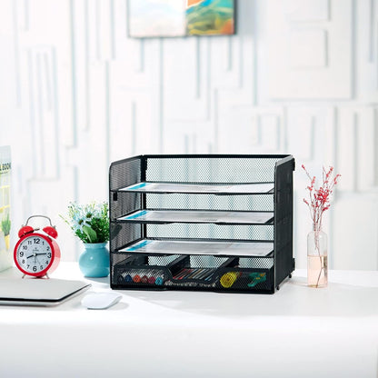 SETTFRFE 4 Tier Mesh Paper Letter Tray,Desk File Organizer with A Sliding Drawer,Office Supplies Desk Organizer for Home Office,Black.