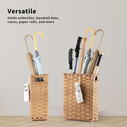 Rattan Umbrella Stand, Umbrella Holder for Entryway, Hand Woven Umbrella Rack Organizer Freestanding, with a Detachable Drip Tray, 4 Hooks, 6.5" L x 6.5" W x 16.5" H