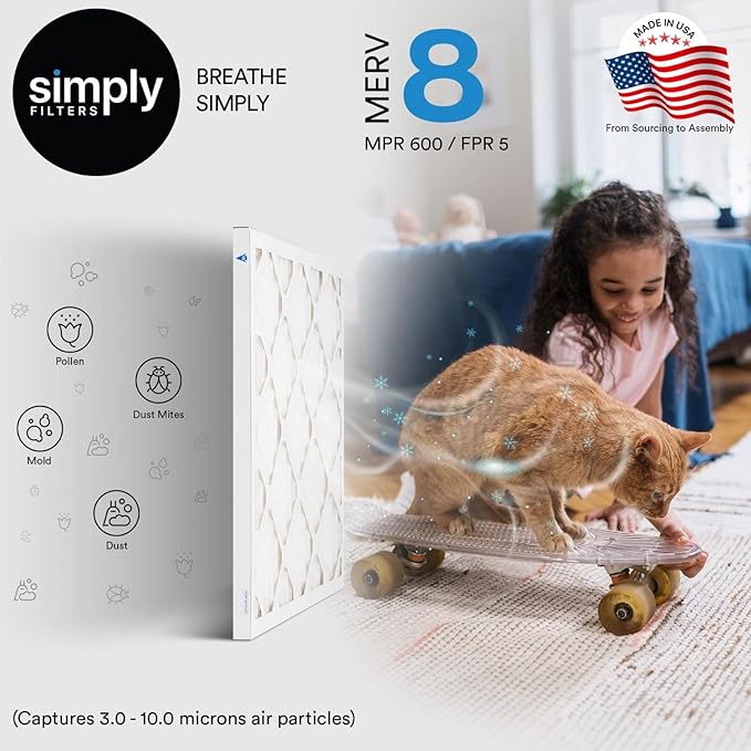 Simply 20x20x1 Air Filter, Merv 8, MPR 600, 4 Pack, Furnace Air Filter for HVAC (Actual Size: 19.75"x19.75"x0.75") DUST, Pet, & Allergy Control