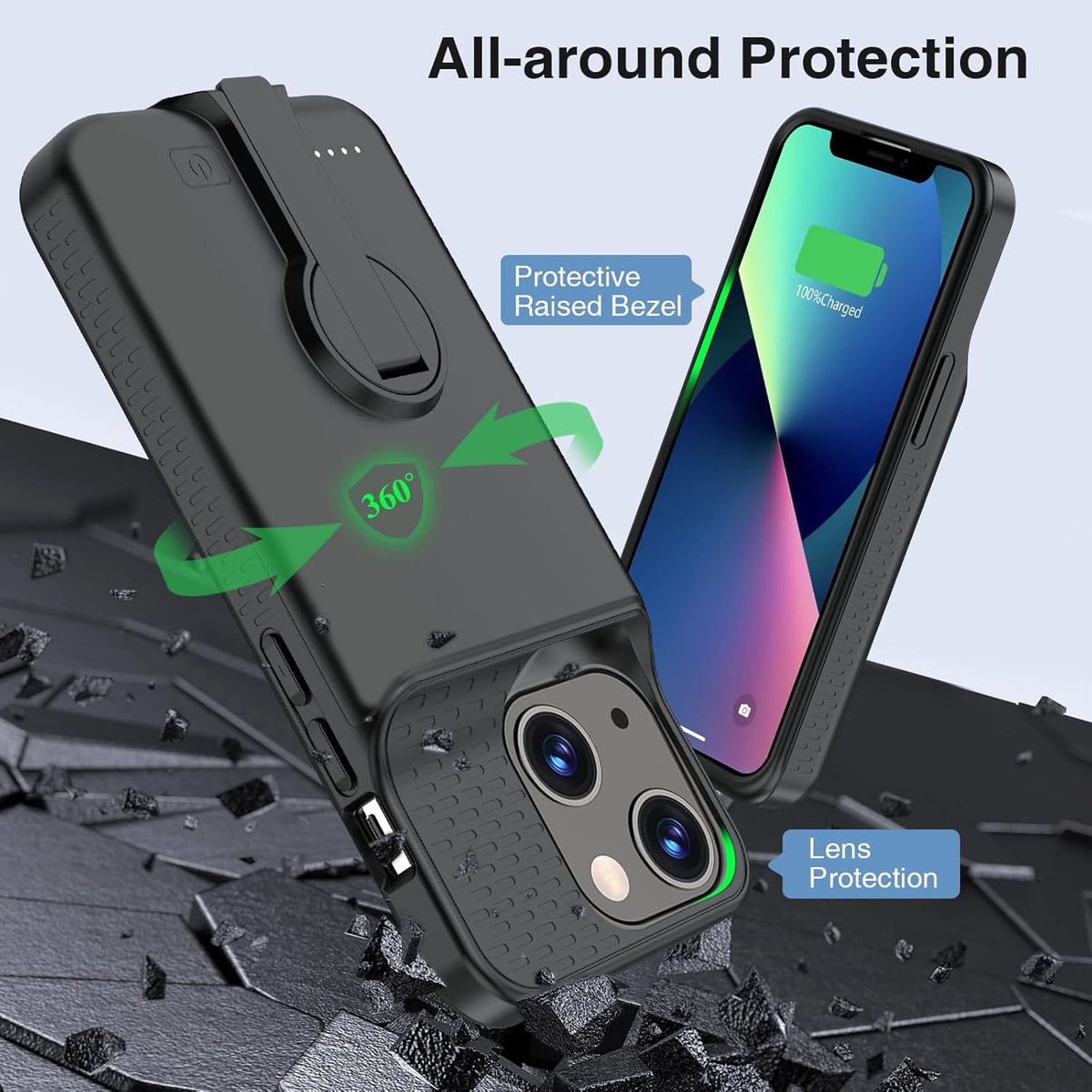 Battery Case for iPhone 13/13 Pro/14/14 Pro Charging Case with Stand 7000mAh Rechargeable Ultra-Slim Anti-Fall Protection Extended Charger Cover for iPhone 14/14Pro/13/13 Pro Battery Case 6.1" Black