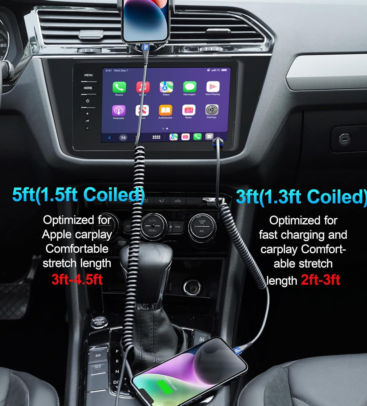 iPhone Charger Cable for Car 3FT, 2Pack Coiled Lightning Cable, [Apple MFi Certified] Retractable Charging Cord Compatible with iPhone 14/13/12/11 Pro Max/XS MAX/XR/XS/8/iPad/iPod/CarPlay-Blue
