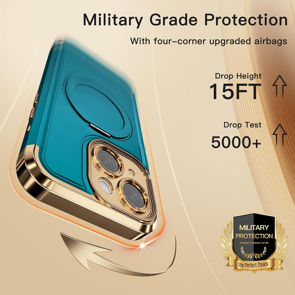 COOLQO for iPhone 15 Case 6.1'' Upgraded 360° Spin Magnetic Stand [Compatible with Magsafe][Military Protection] Plating Matte Scratch-Resistant Back Protective Shockproof Phone Case, Green Gold