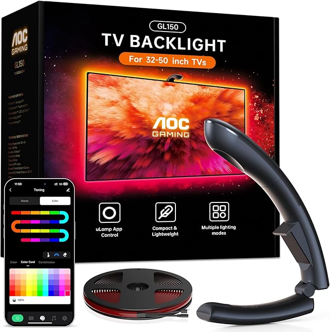 AOC TV Lights That Change with TV LED Backlight That Sync for 32-50 inch TVs, RGB Changing Strip Light with Sensor, Living Room Decor, Gifts for Men Gamers, Smart App Control, DIY Mode, 11.5FT