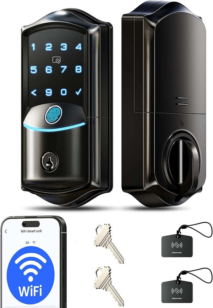 Veise VE027 Built-in Wi-Fi Smart Lock, Fingerprint Keyless Entry Front Door Lock, App Remote & Voice Control, No Hub Needed, Touchscreen Keypad Deadbolt, IP65 Waterproof, BHMA Grade 3, Matte Black