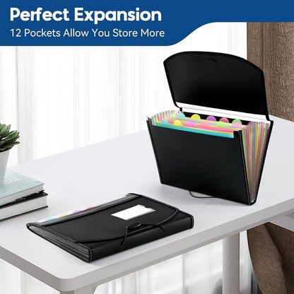 12-Pocket-Expanding File-Folder,Accordion-File-Organizer, A4/US Letter Size Paper Receipt Organizer Accordian Filing Folders (Black-C-12 Pockets)
