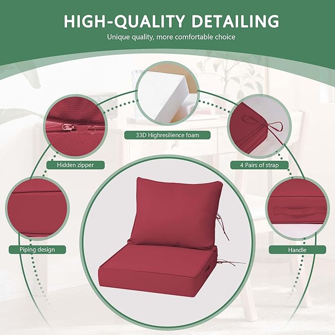 Outdoor Chair Cushions 3 Set,24 x 24 x 5IN, Patio Deep Seat Cushion for Patio Furniture, Waterproof & Fade Resistant Thick Deep Seating Pads for Outside Wicker Ratten Chair Sofa Couch,Burgundy
