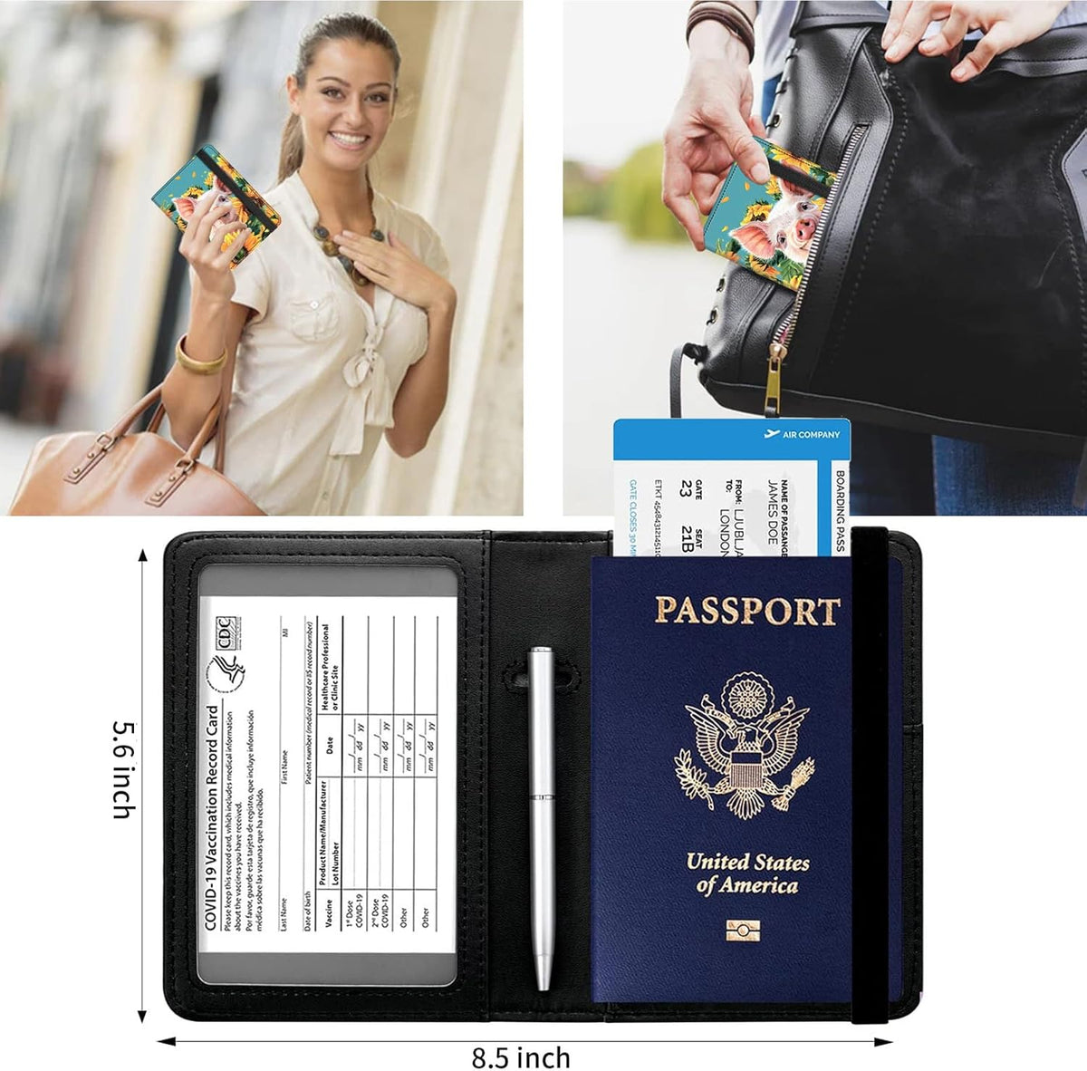 Passport and Vaccine Card Holder Cover Combo,Travel Passport Holder Wallet with RFID Blocking, Leather Vaccine Card Slot Passport Cover Case for Women & Men,Cute Baby Pig and Sunflower