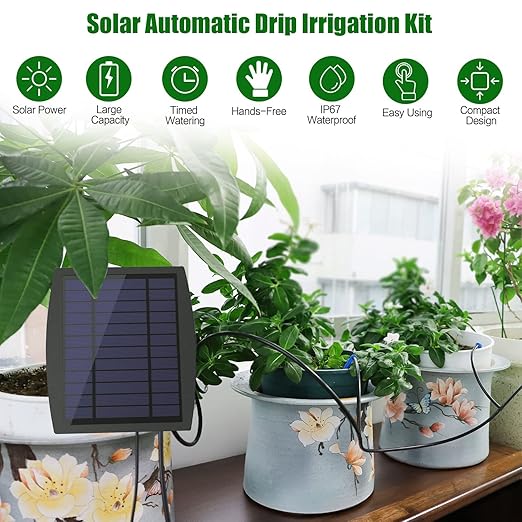 Solar Automatic Drip Irrigation Kit System, JIYANG Solar Powered Auto Easy DIY Watering Device Supported Pots Plants, 12 Timing Modes with Anti-Siphoning Device (Supported 20-30 Pots, 12Timing Modes)